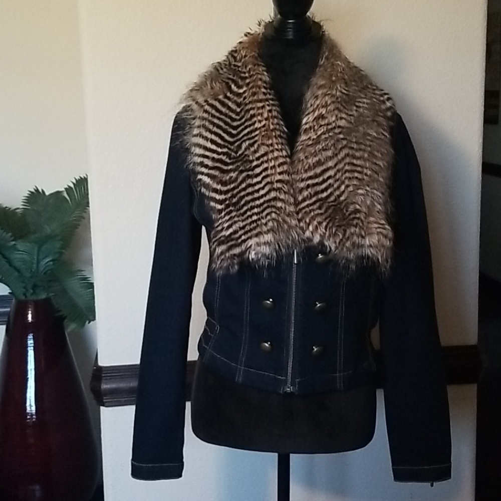 Vintage Cache Dark Blue Jean Jacket with Faux Fur Brown Collar